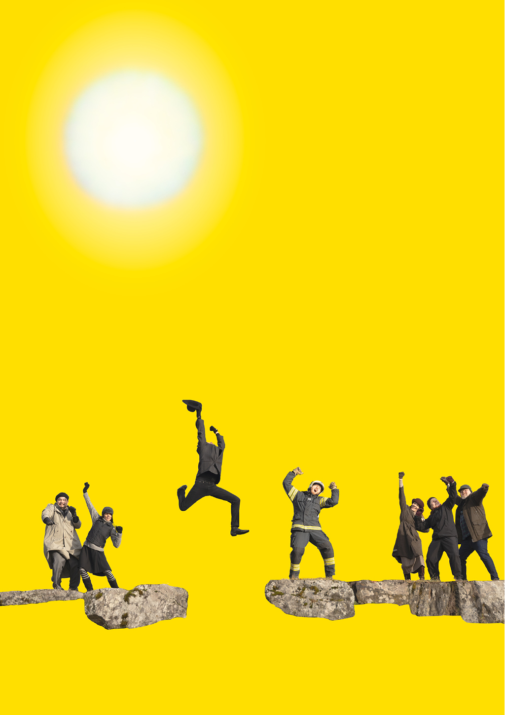 Huhtikuu -näytelmän tunnuskuva, jossa kirkkaan keltainen tausta ja harmaavalkoisia hahmoja.